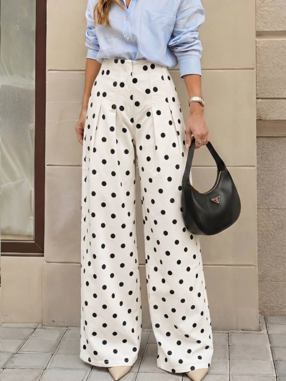 Beige Casual Women's Polka Dot Pattern Pleated Wide Leg Loose Denim Pants - Picture 2 of 8